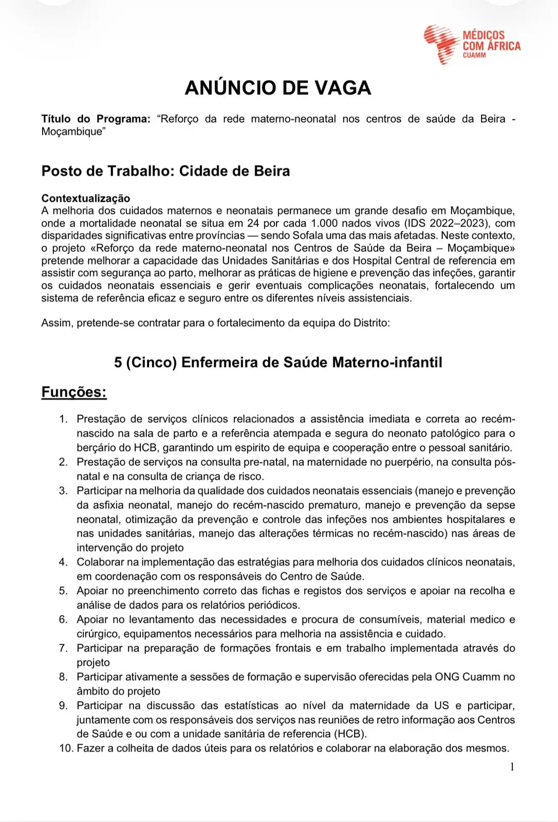 VAGAS PARA (5) ENFERMEIRA DE SAÚDE MATERNO-INFANTIL na Médicos Com África