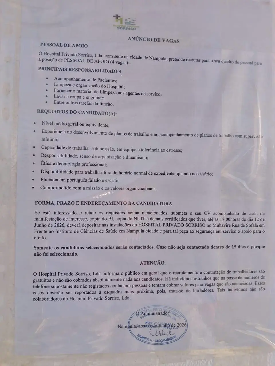 Vagas – (04) Pessoal de Apoio no Hospital Privado Sorriso, Lda
