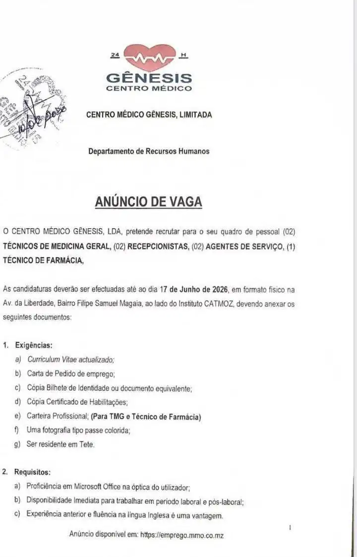 (7) Vagas –  (2) Técnicos de Medicina Geral, (2) Recepcionistas, (2) Agentes de Serviços e (1) Técnico de Farmácia no Gênesis Centro Médico