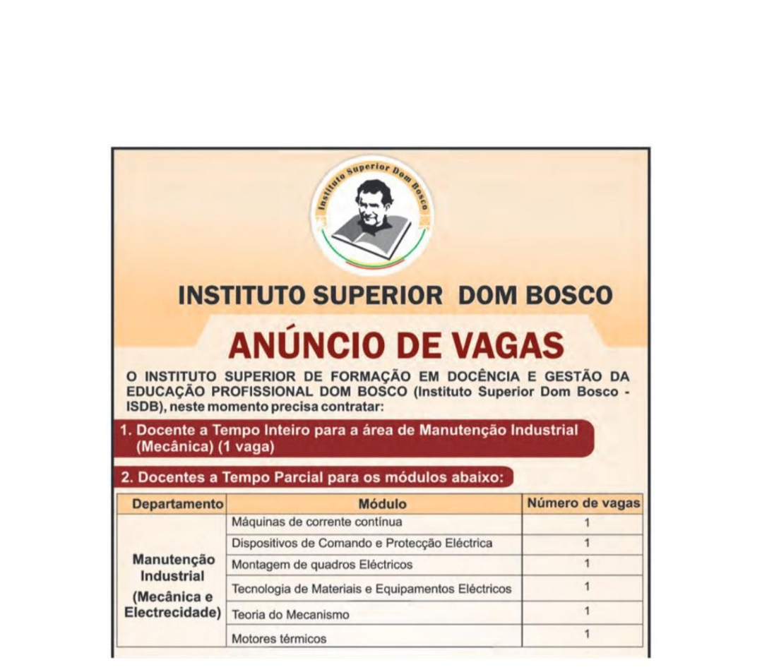 Vagas – (6) Docentes no Instituto Superior Dom Bosco