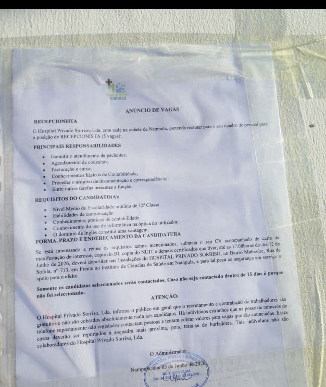 Vagas – (05) Recepcionistas no Hospital Privado Sorriso, Lda