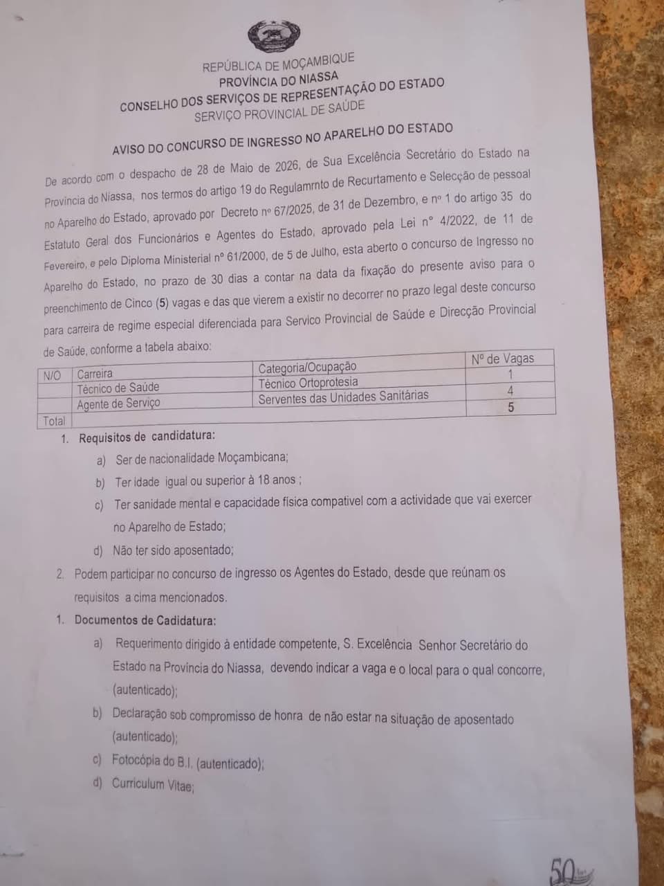 Vagas – (1)Técnico de Ortoprotesia e Serventes das unidades sanitárias (4) no Serviço Provincial de Saúde