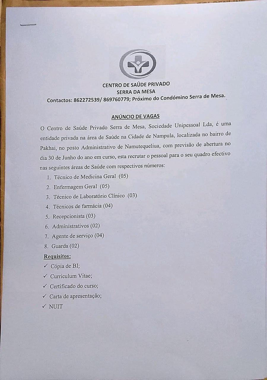 (28) Vagas em diversas aréas no Centro de Saúde Privado Serra da Mesa
