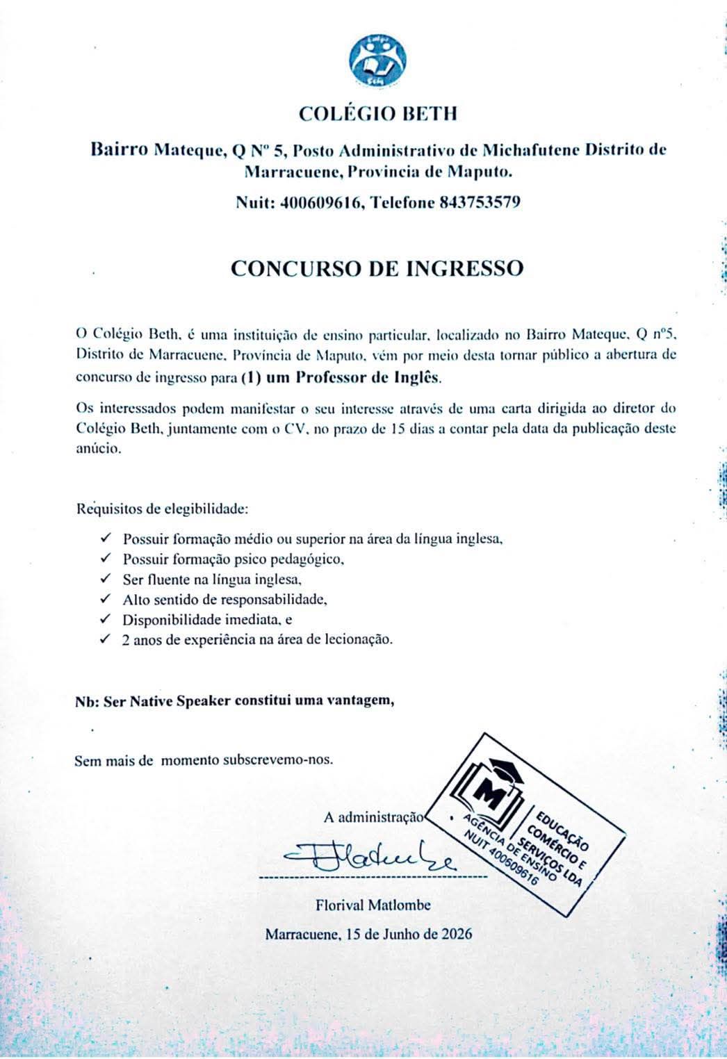 Vaga – Professor de Inglês no Colégio Beth