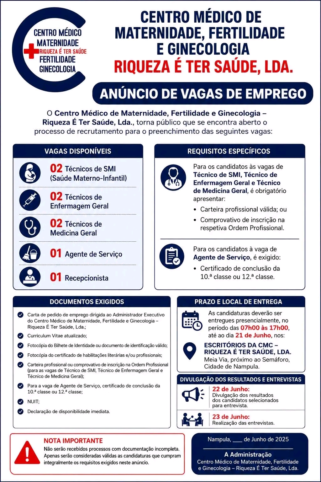 Diversas vagas no Centro Médico de Maternidade, Fertilidade e Ginecologia – Riqueza É Ter Saúde, Lda