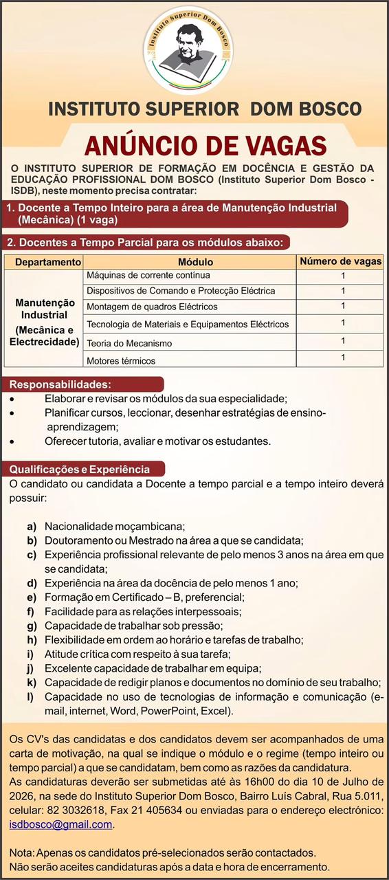 Vagas – Docentes no Instituto Superior Dom Bosco