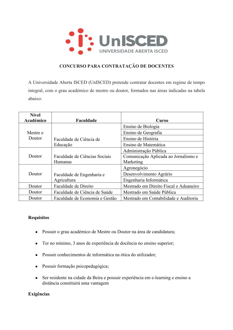 Vagas – Docentes na Universidade Aberta ISCED