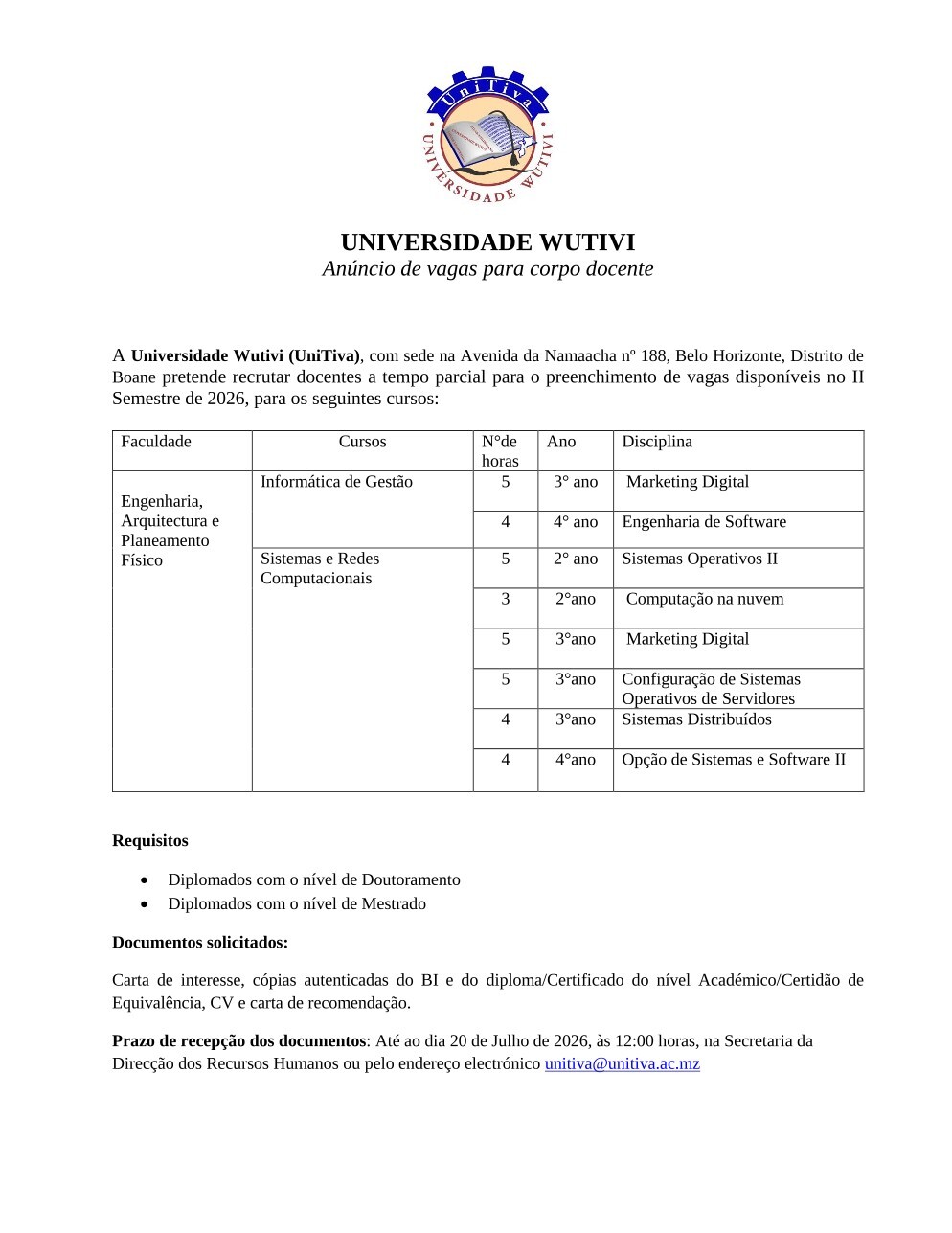 Vagas – Docentes na Universidade Wutivi