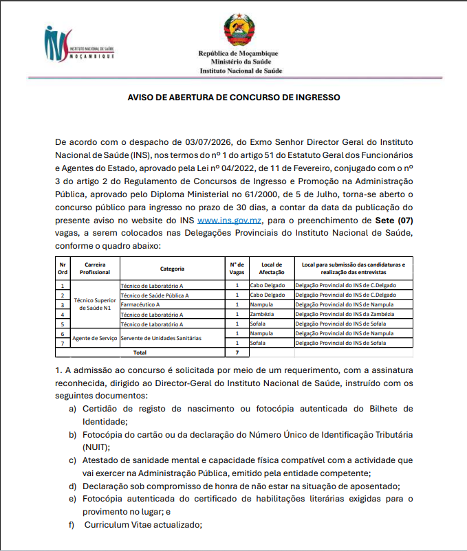 (7) Vagas – Técnicos Superiores de Saúde e Agentes de Serviços no Instituto Nacional de Saúde