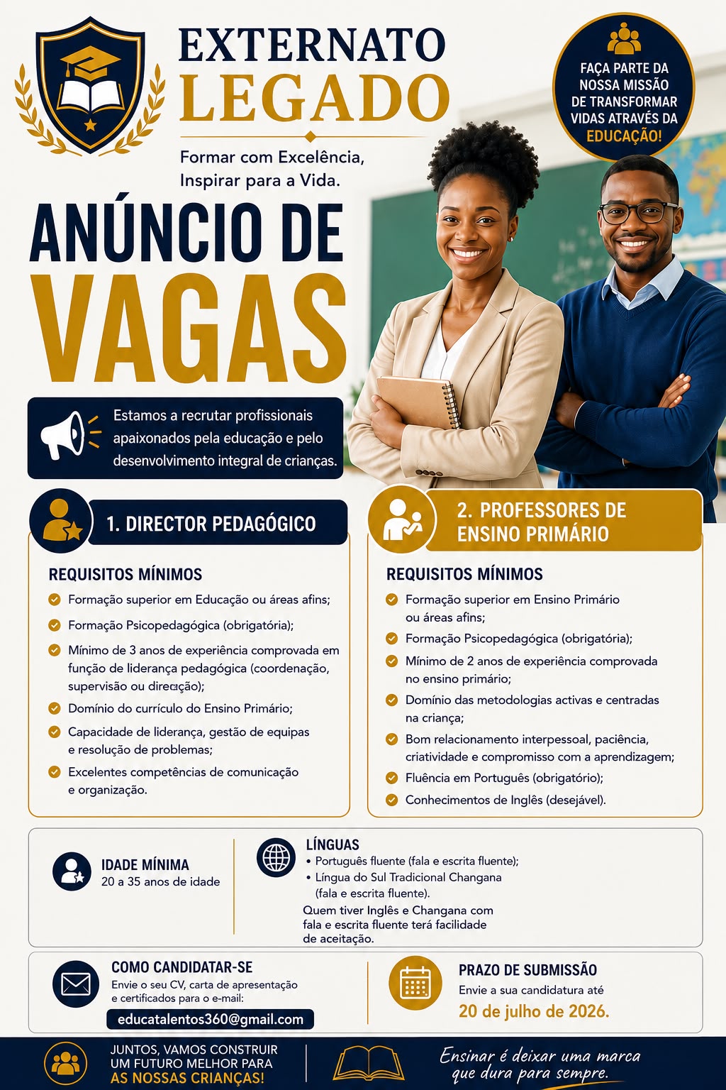 Vagas – Director Pedagógico e Professores do Ensino Primário e Secundário no Externato Legado