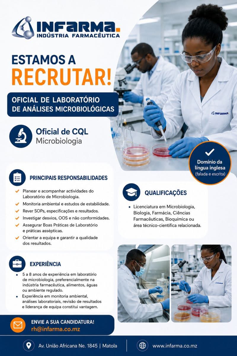 Vaga – Oficial de Laboratório de Análises Microbiológicas INFARMA – Indústria Farmacêutica, Lda