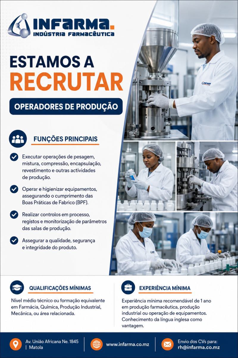 Vaga – Operador de Produção na INFARMA – Indústria Farmacêutica, Lda