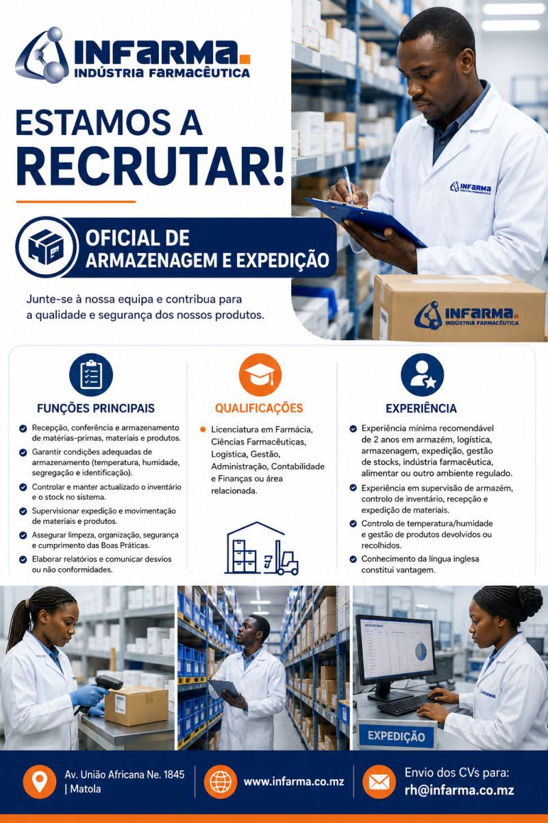 Vaga – Oficial de Armazenagem e Expedição INFARMA – Indústria Farmacêutica, Lda