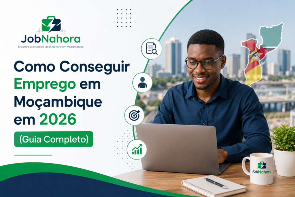 Jovem a procurar emprego no computador com mapa de Mo&ccedil;ambique ao fundo