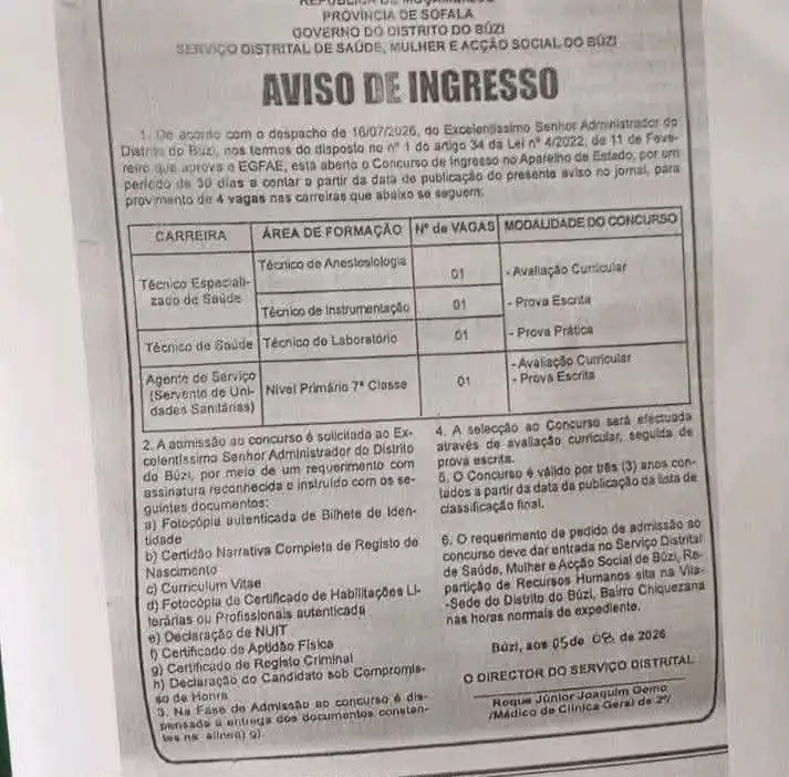 Vagas – (4) Técnicos de Saúde | Búzi