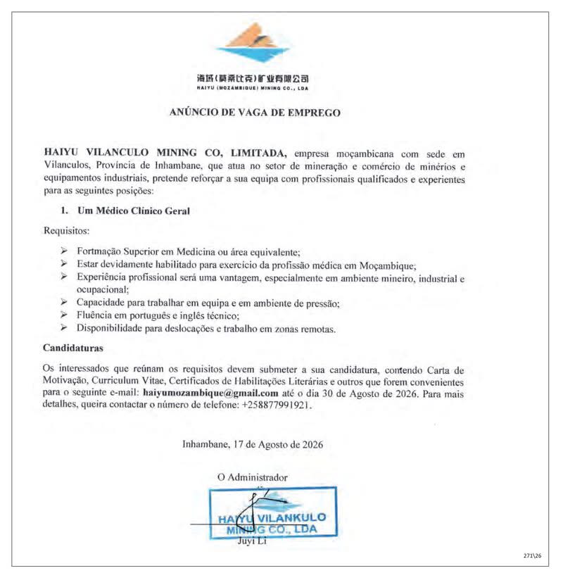 Vaga – Médico Clínico Geral | Haiyu Vilanculo Mining CO, Lda